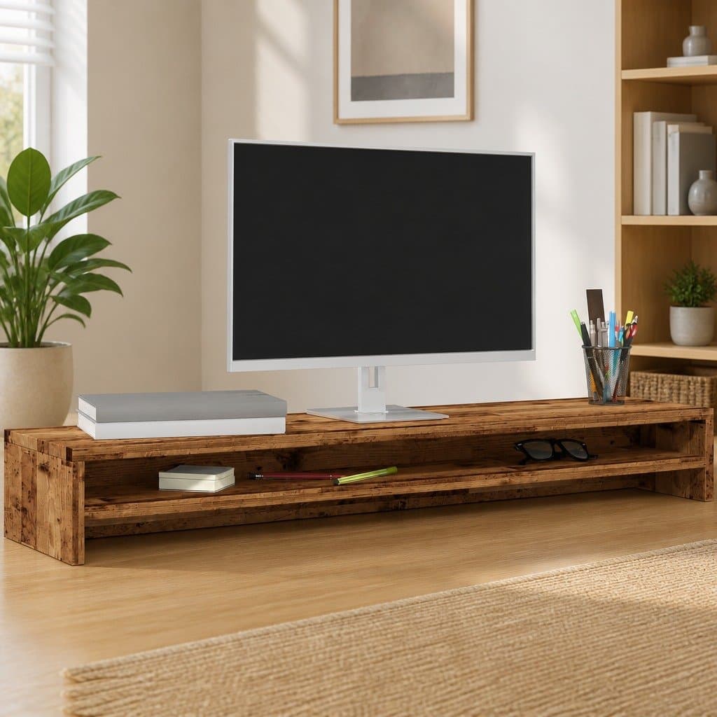 Monitor Stand Riser Old Wood Look Desktop Computer TV Riser with Storage Shelf