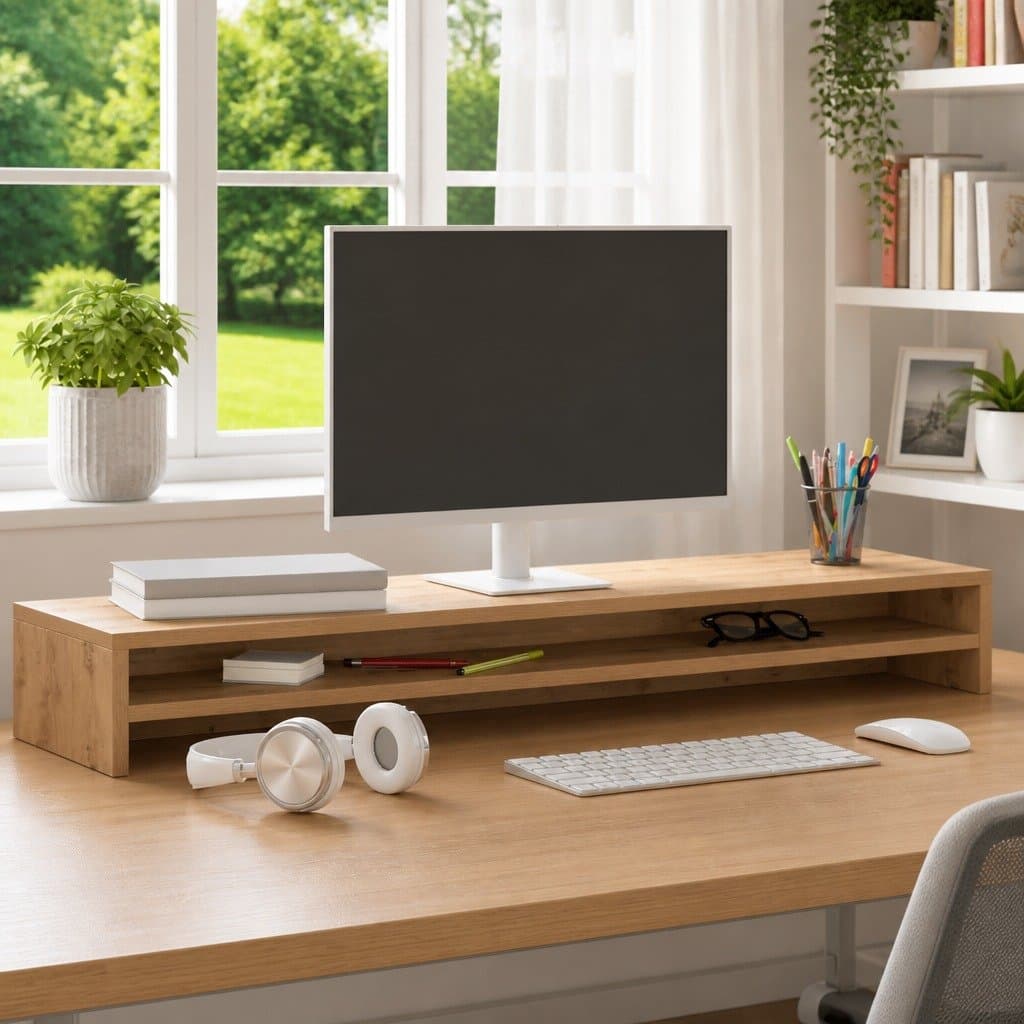 Monitor Stand Riser Engineered Wood Desktop TV Riser with Storage Shelf Oak