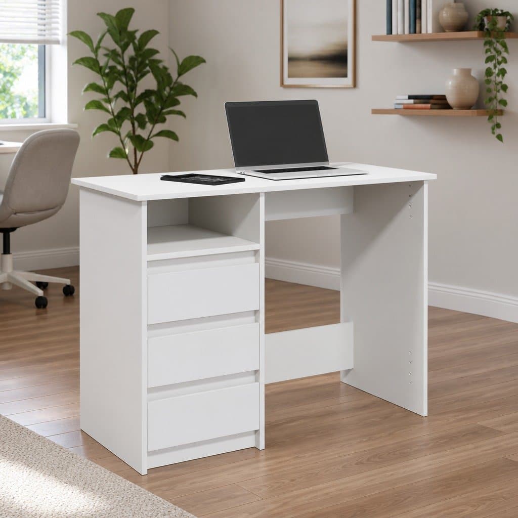 Engineered Wood White Desk with Ample Storage 102x50x75cm