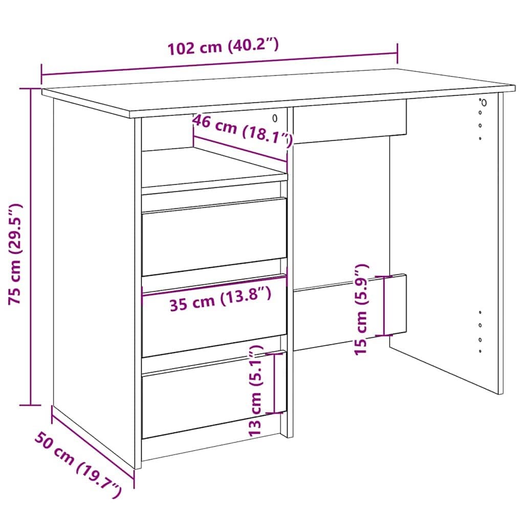 Engineered Wood White Desk with Ample Storage 102x50x75cm