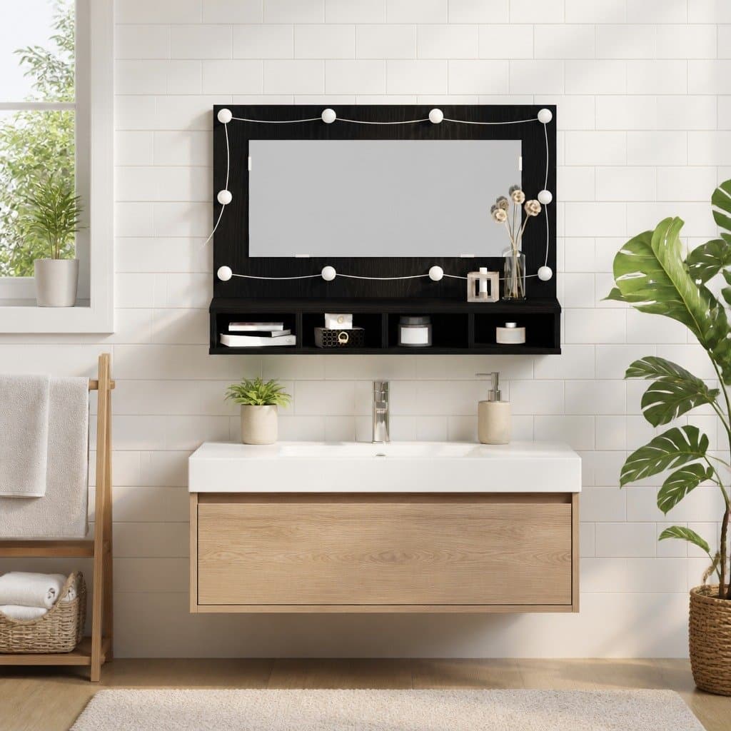 Black Oak Wall-Mounted Bathroom Mirror Cabinet 90 x 31.5 x 62 cm