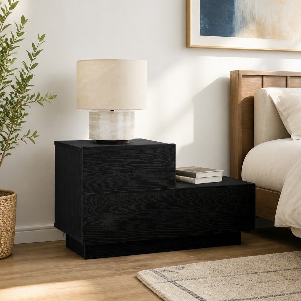 Black Oak Bedside Cabinet with LED Lights and USB Port