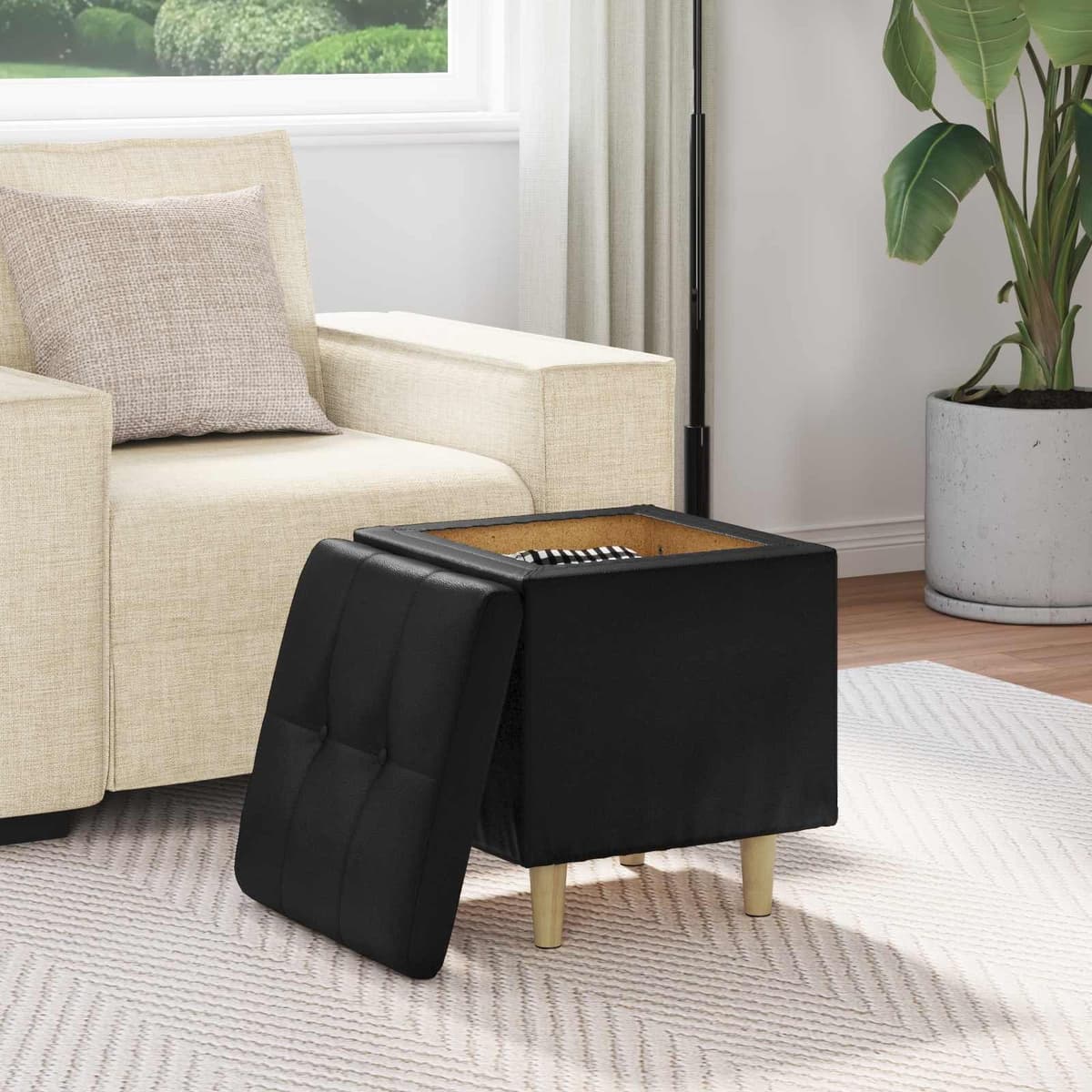 Black Tufted Storage Ottoman with Hidden Compartment