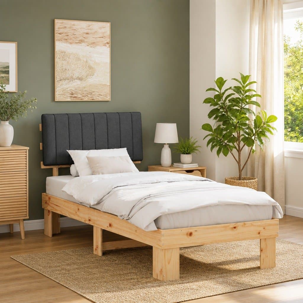 Wooden Bed Frame with Soft Upholstered Headboard