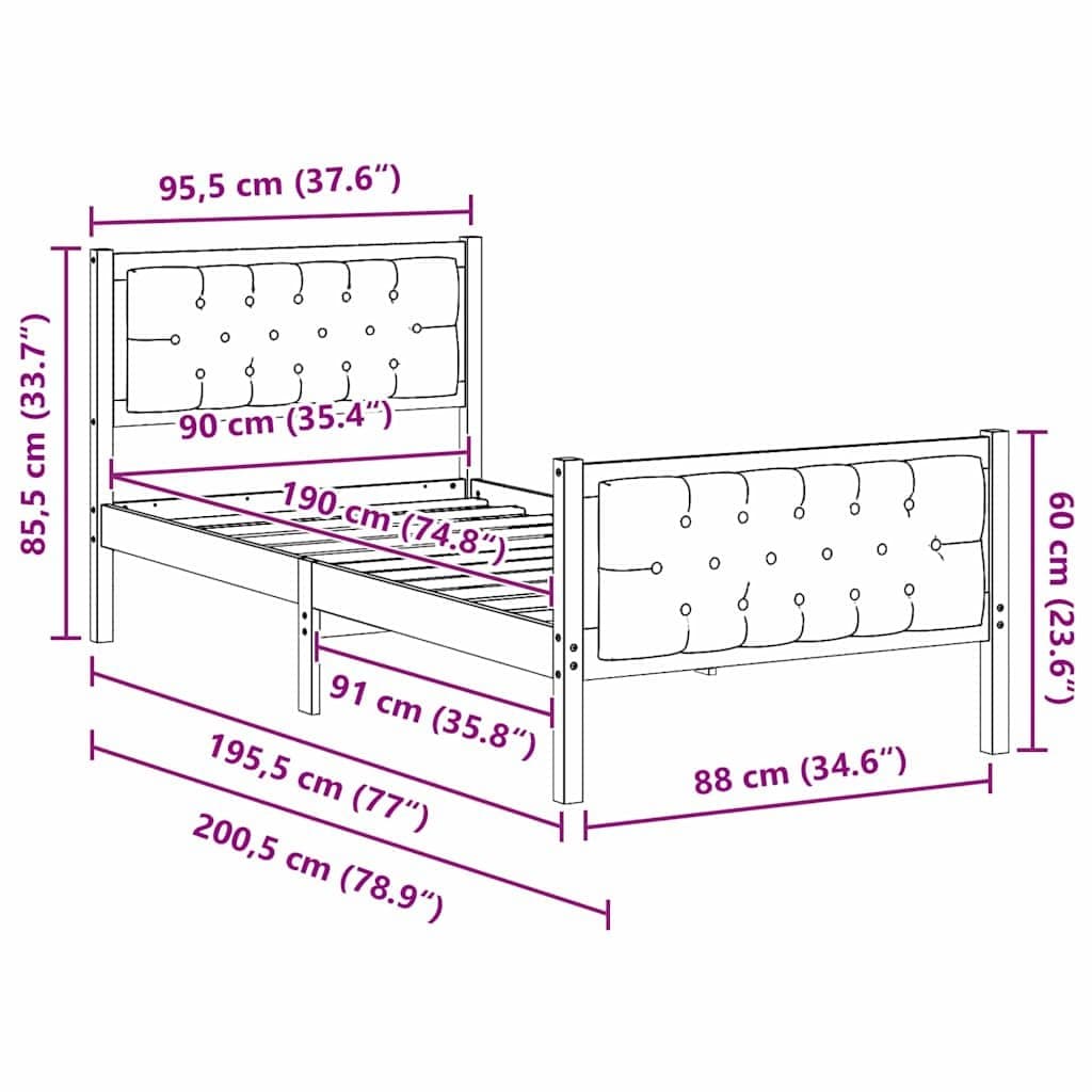 Solid Pine Wood Bed Frame with Modern Headboard 90 x 190 cm