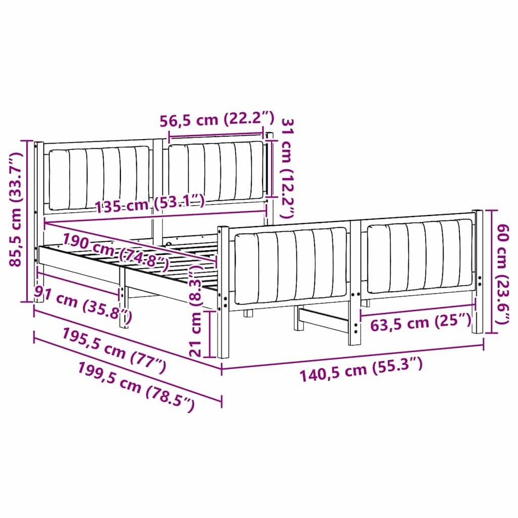 Solid Pine Wood Platform Bed Frame 135 x 190 cm