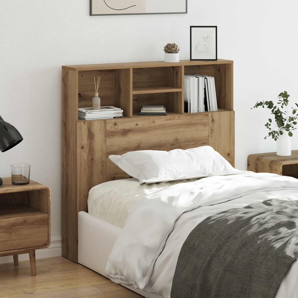 Brown Engineered Wall-Mounted Headboard Cabinet with Shelves
