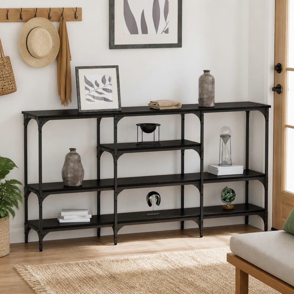 Industrial Black Oak Console Table with Steel Frame