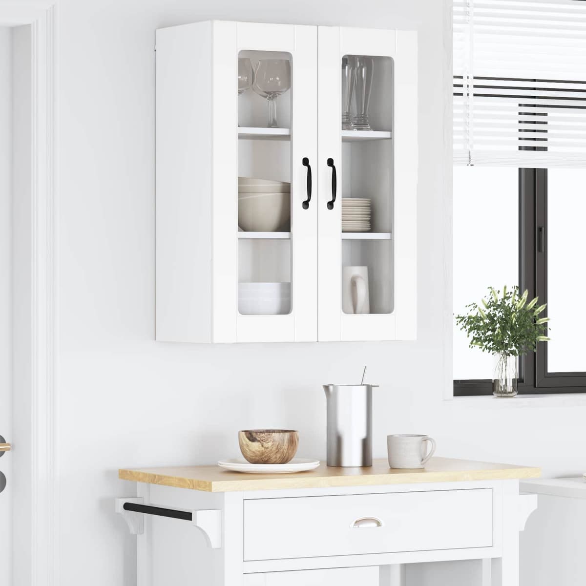 Wall-Mounted Glass Kitchen Cabinet in White