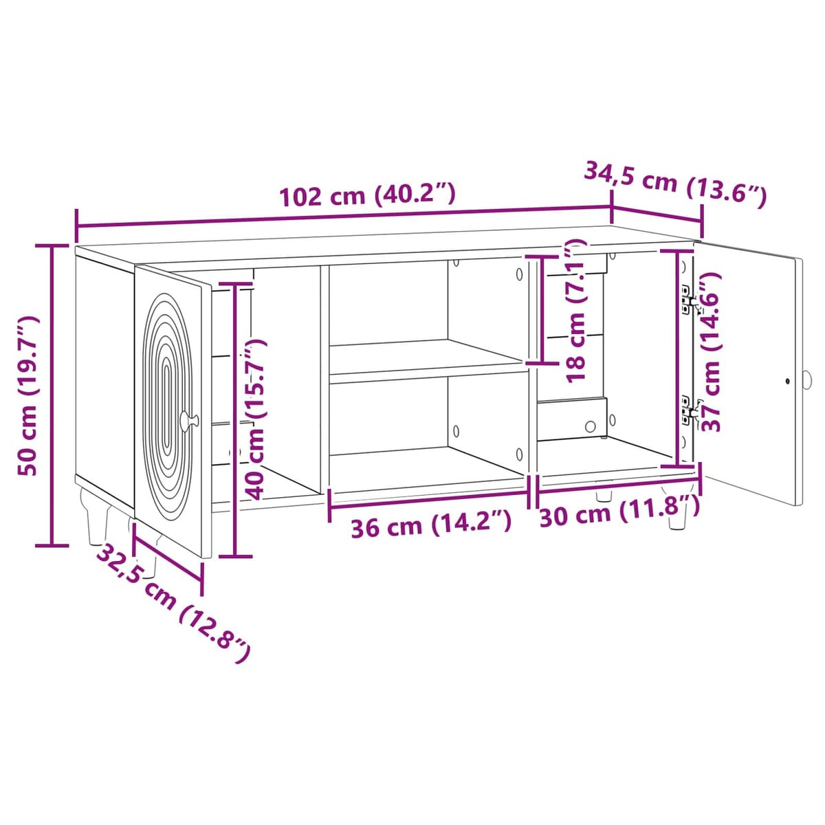 White TV Cabinet 102x34.5x50cm with Utility Shelves