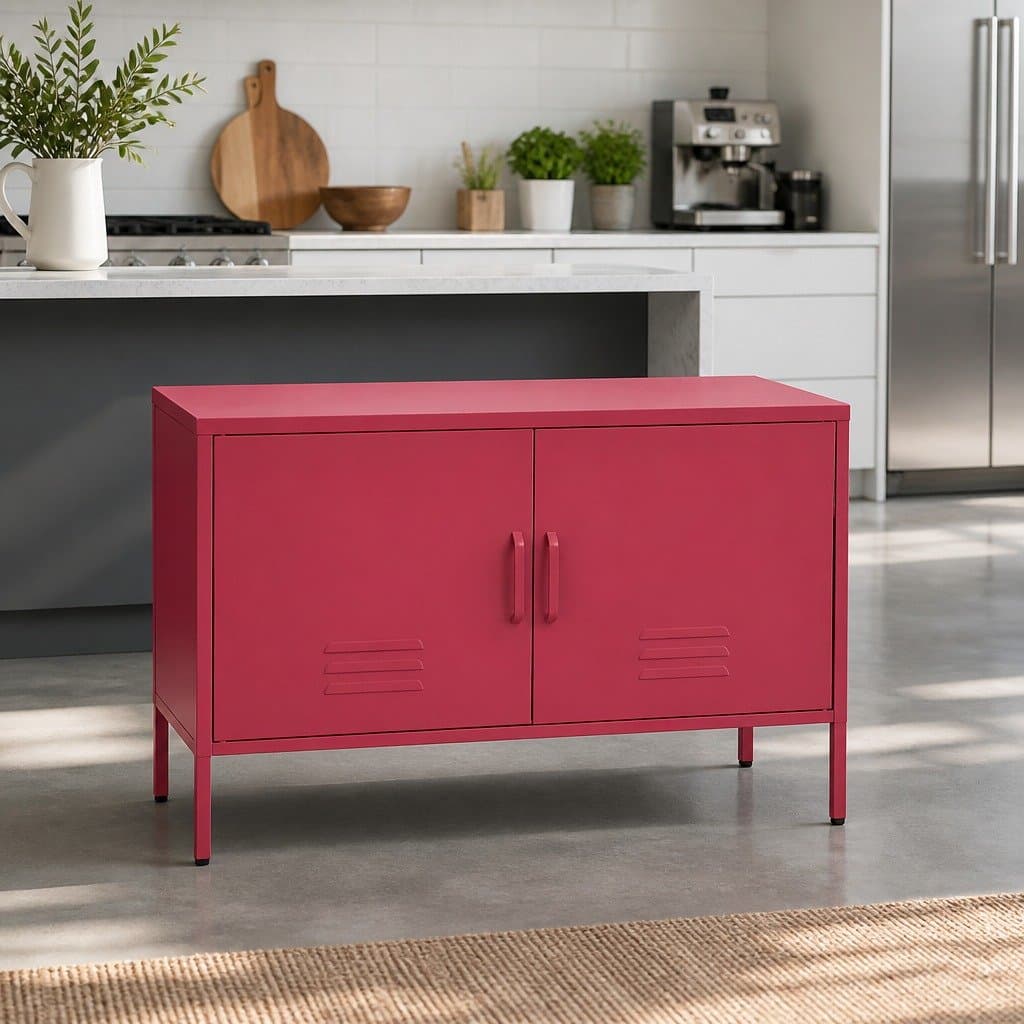 Pink Metal Buffet Sideboard Cabinet with Shelf