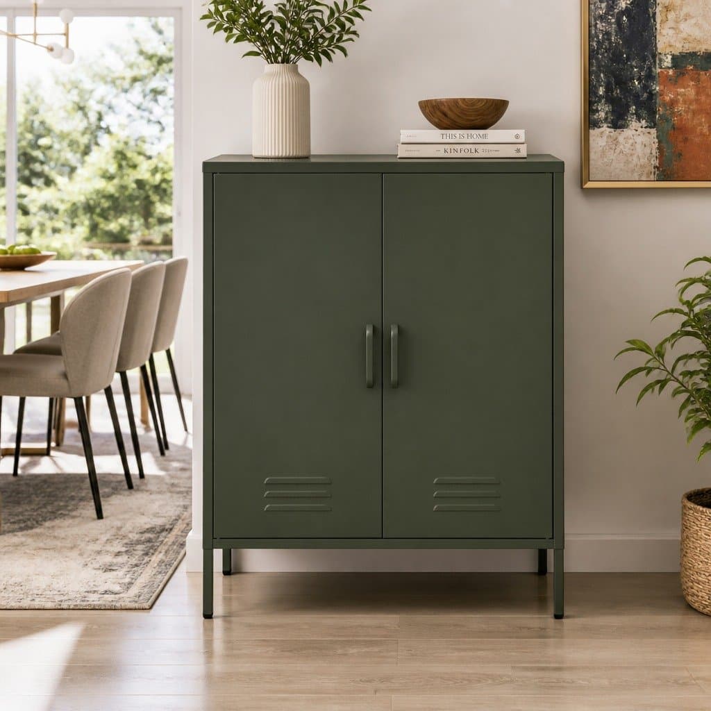 Green Metal Buffet Sideboard with Adjustable Storage