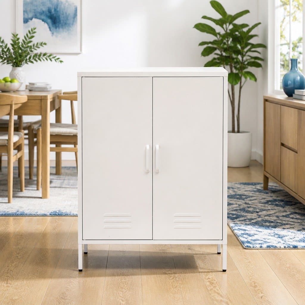 White Metal Buffet Sideboard with Adjustable Shelves