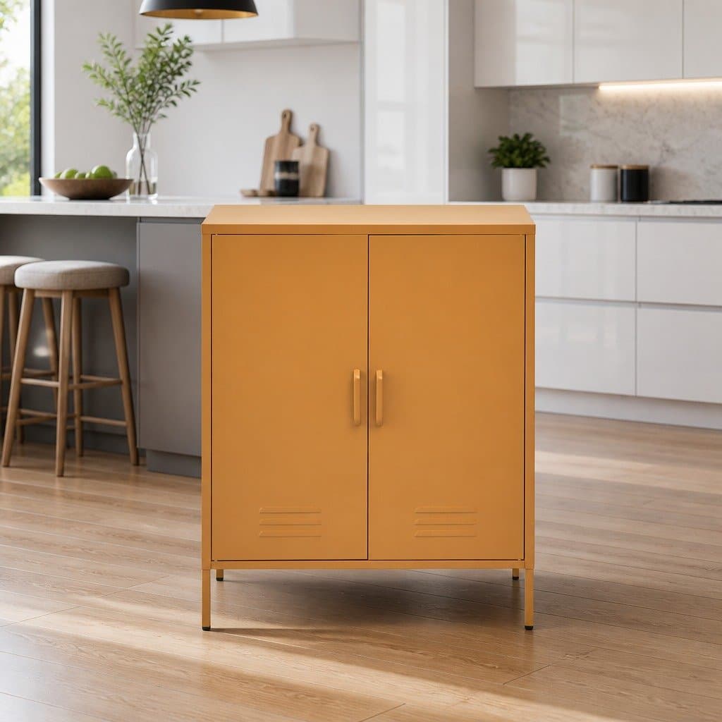 Yellow Metal Buffet Sideboard with Adjustable Shelves