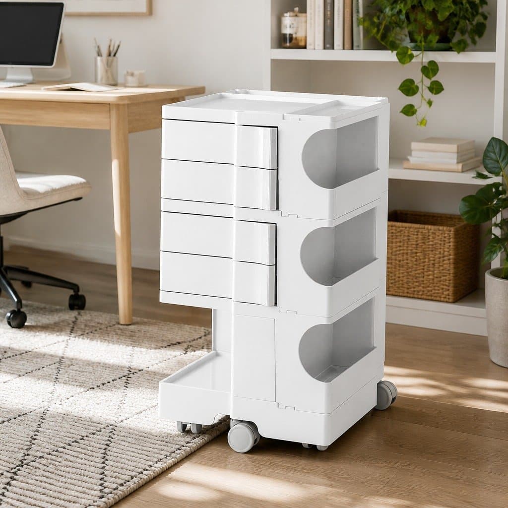 White Storage Trolley with Fold-Out Shelves