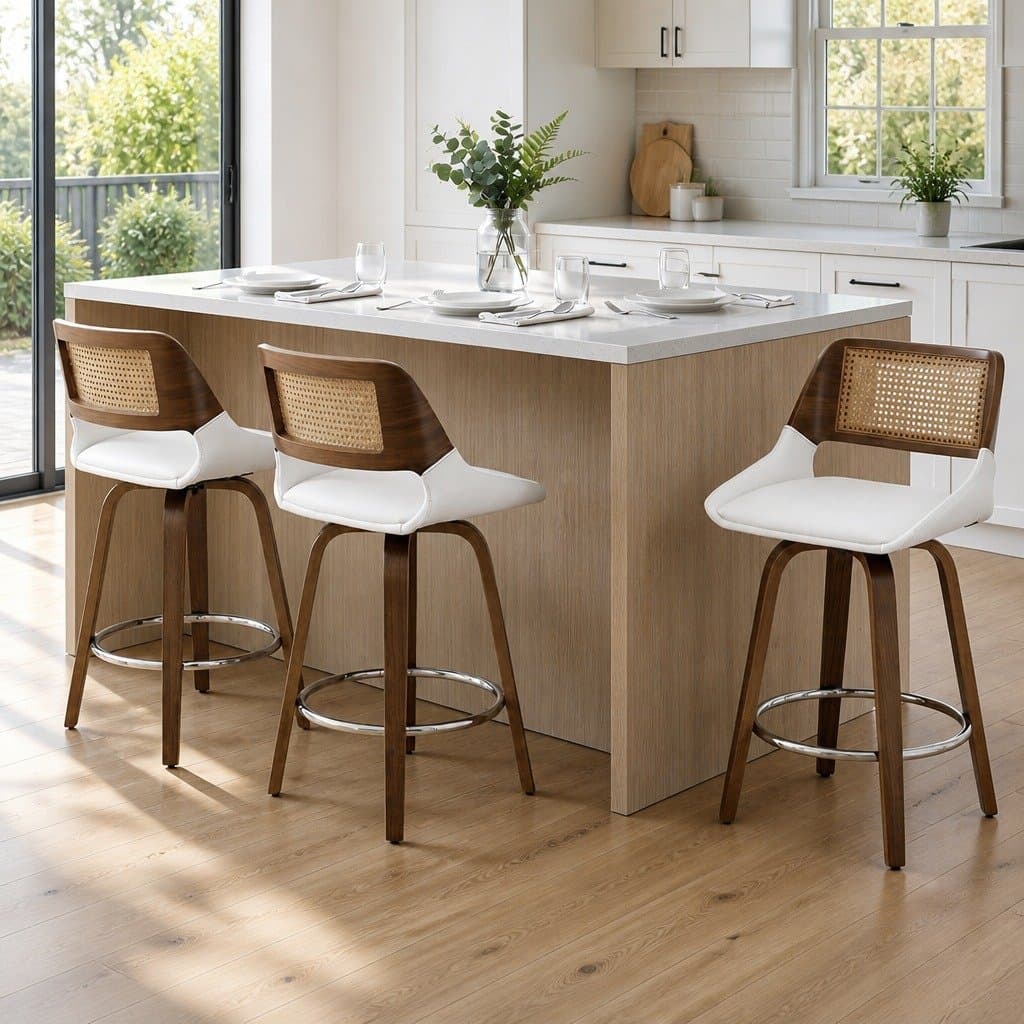 Bar Stools Set of 3 Swivel Kitchen Counter Chair 60cm Seat Height Walnut White
