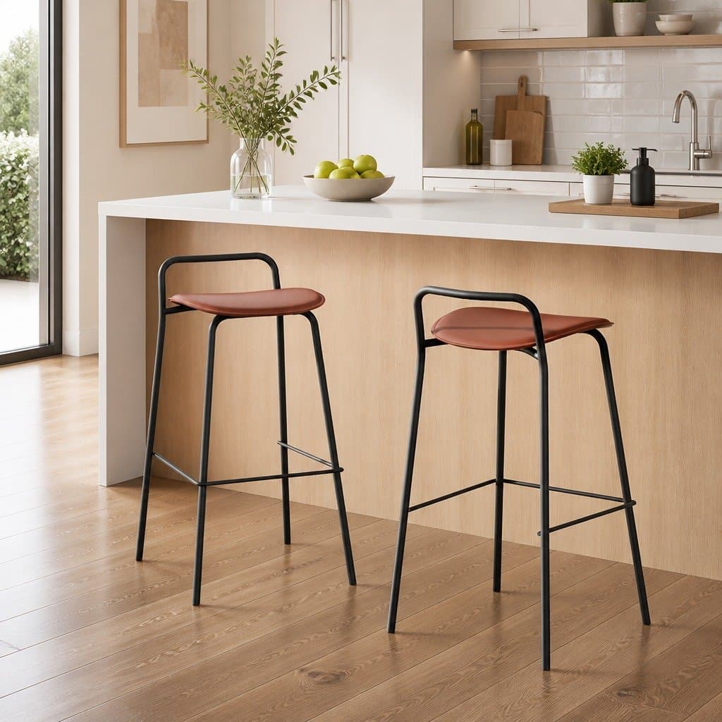 Bar Stools Metal Frame Brown Kitchen Counter Chair Set of 2 with Footrest