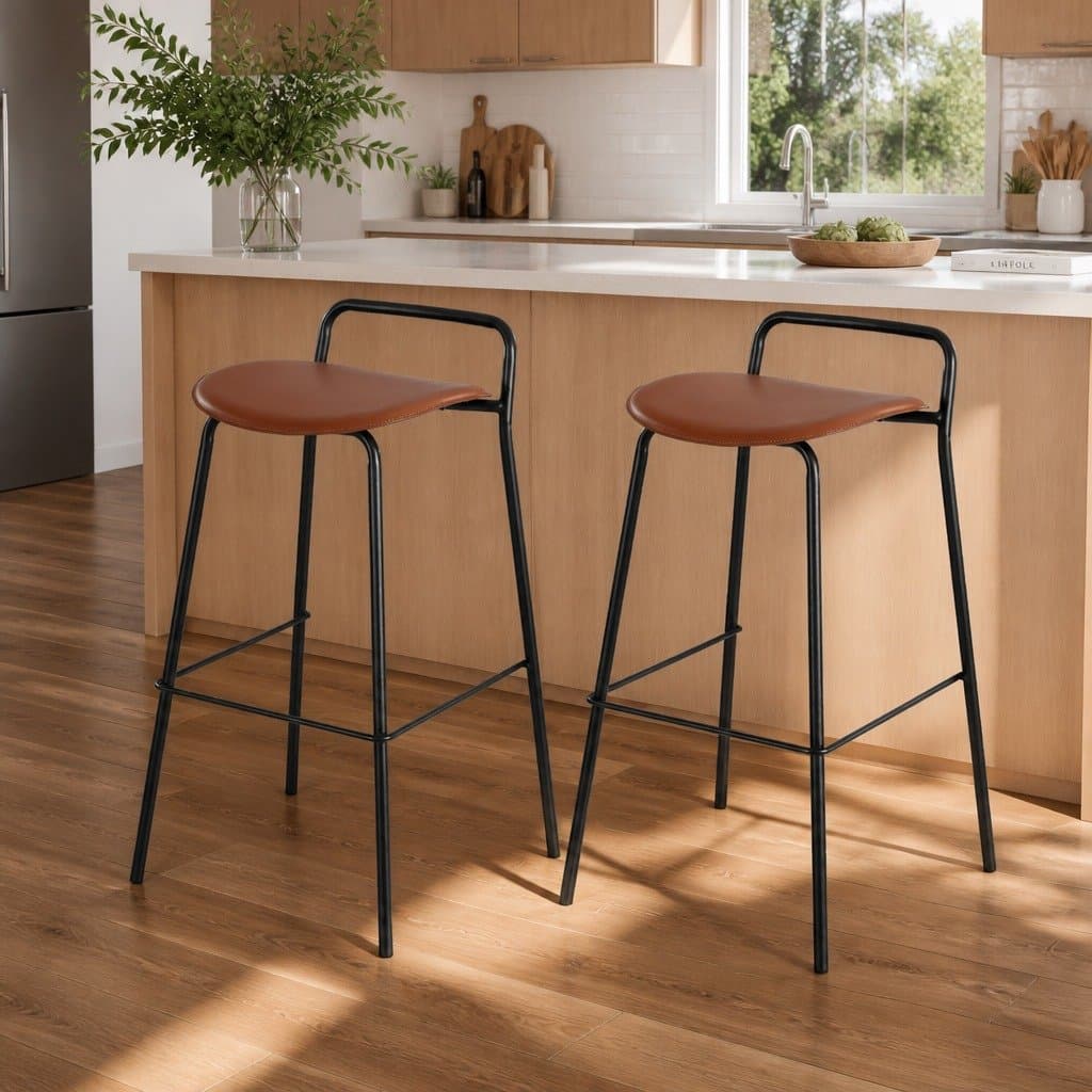 Bar Stools Metal Frame Brown Kitchen Counter Chair Set of 2 with Footrest