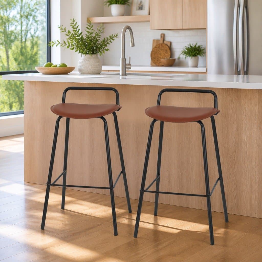 Bar Stools Metal Frame Brown Kitchen Counter Chair Set of 2 with Footrest