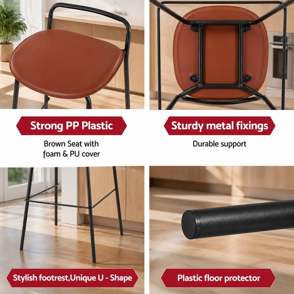 Bar Stools Metal Frame Brown Kitchen Counter Chair Set of 2 with Footrest