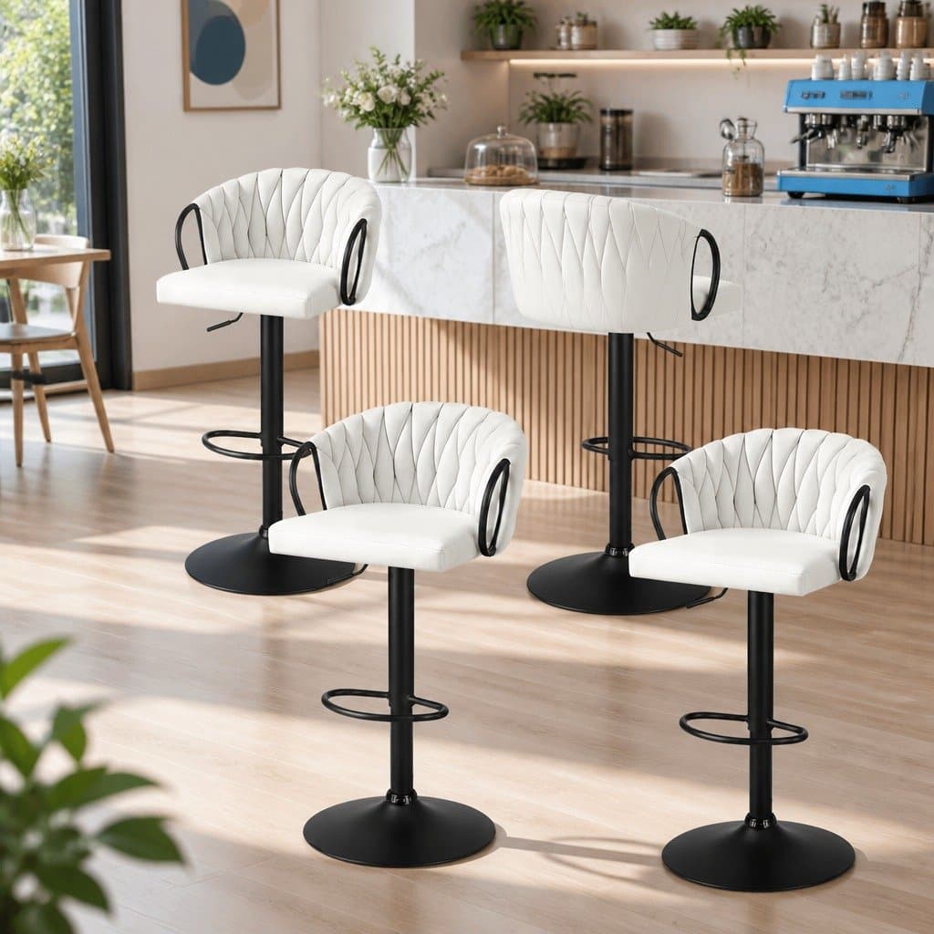 Set of 4 Adjustable Velvet Bar Stools in Beige