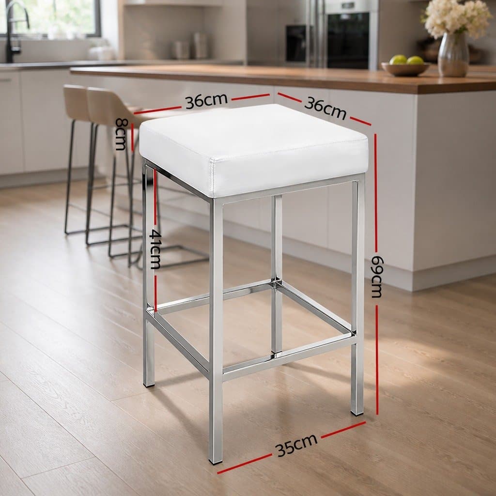 Set of 2 White Bar Stools with Padded Seats and Chrome Legs