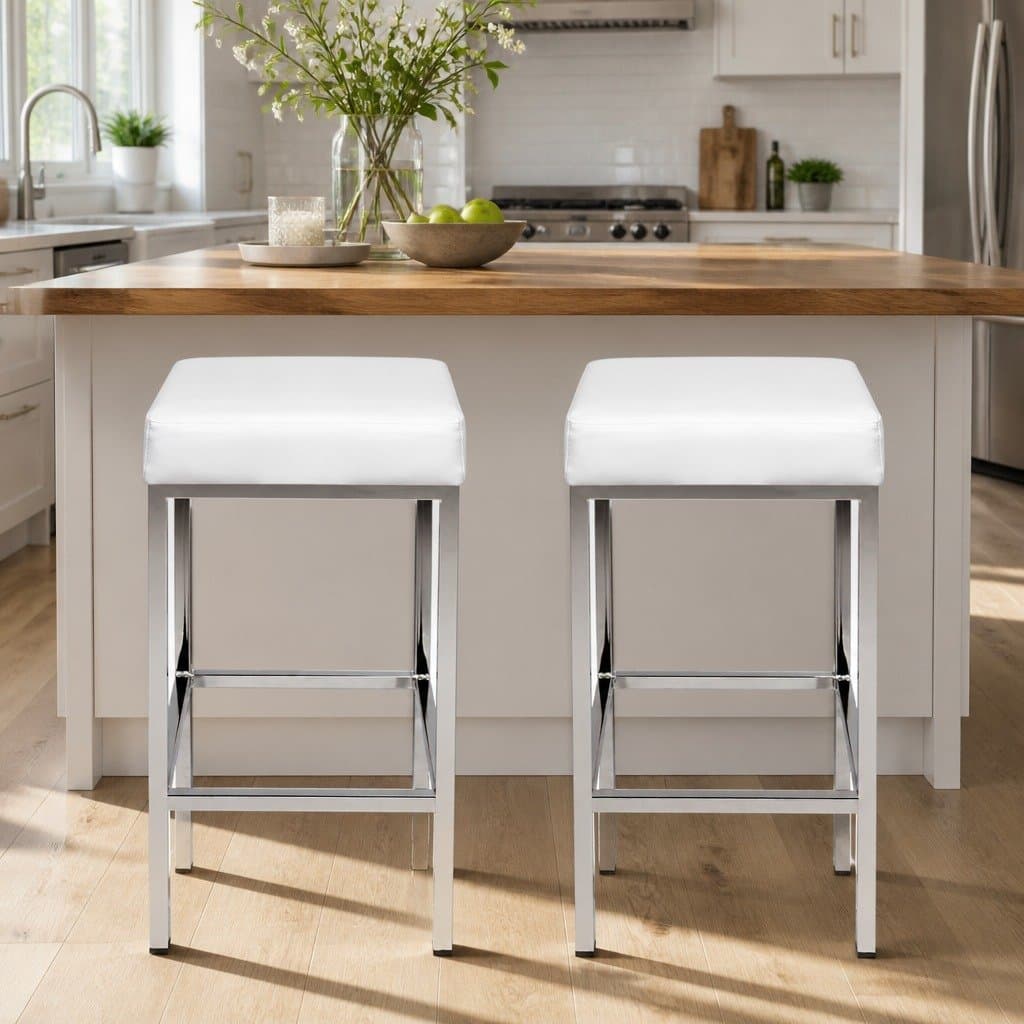 Set of 2 White Bar Stools with Padded Seats and Chrome Legs