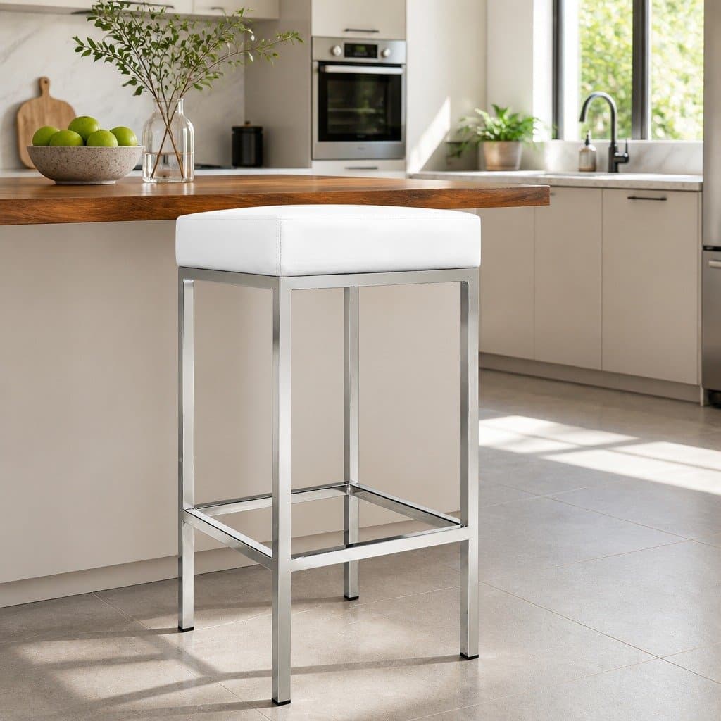 Set of 2 White Bar Stools with Padded Seats and Chrome Legs