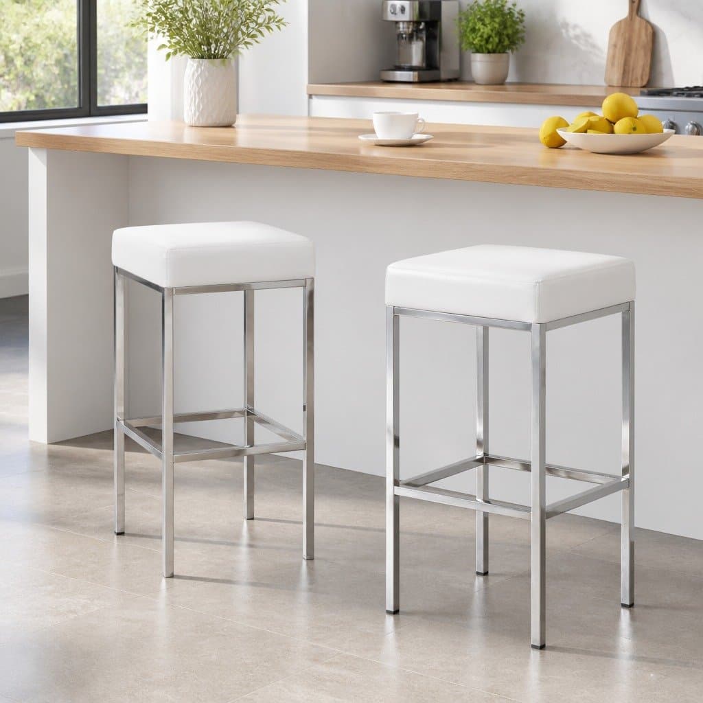 Set of 2 White Bar Stools with Padded Seats and Chrome Legs