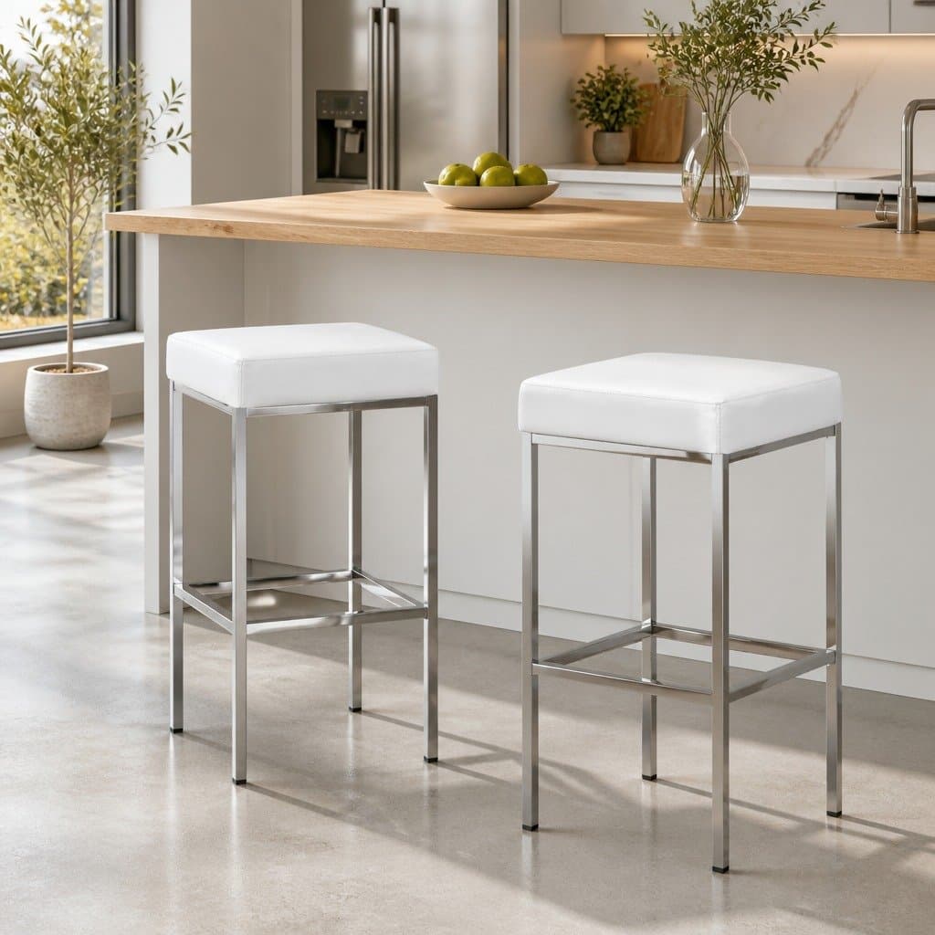 Set of 2 White Bar Stools with Padded Seats and Chrome Legs