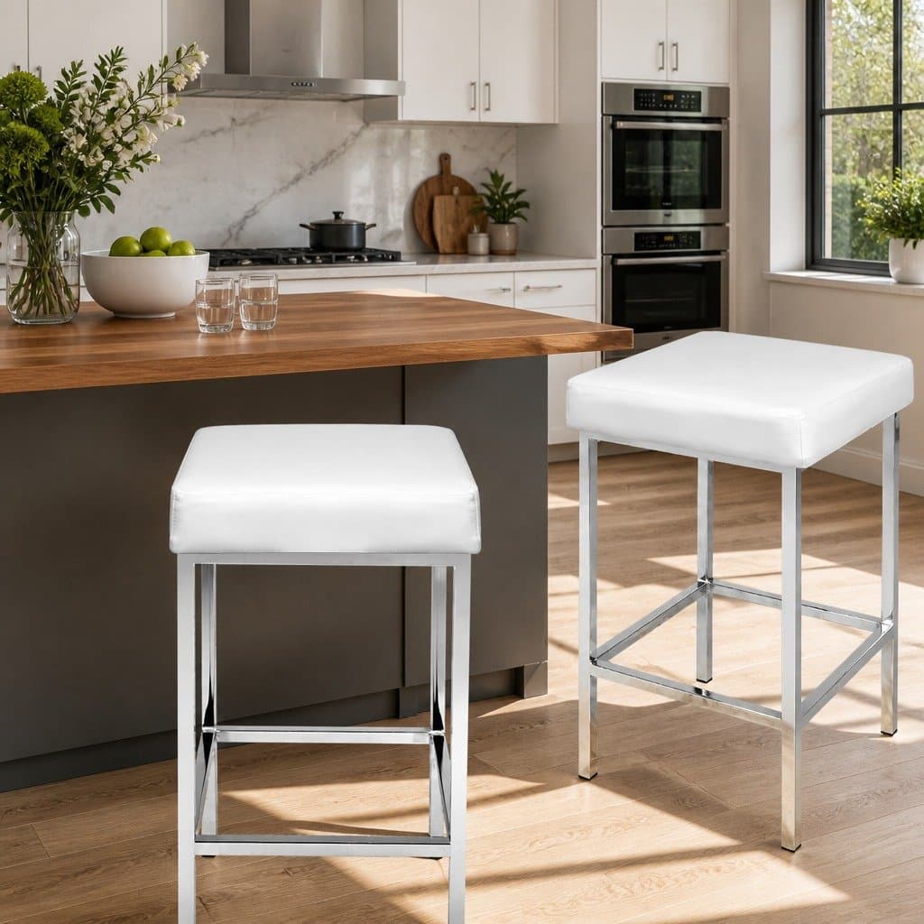 Set of 2 White Bar Stools with Padded Seats and Chrome Legs