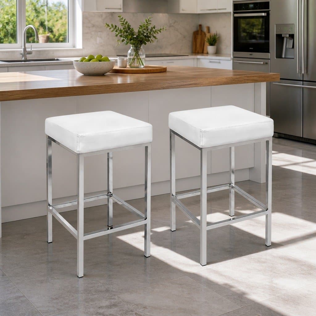 Set of 2 White Bar Stools with Padded Seats and Chrome Legs