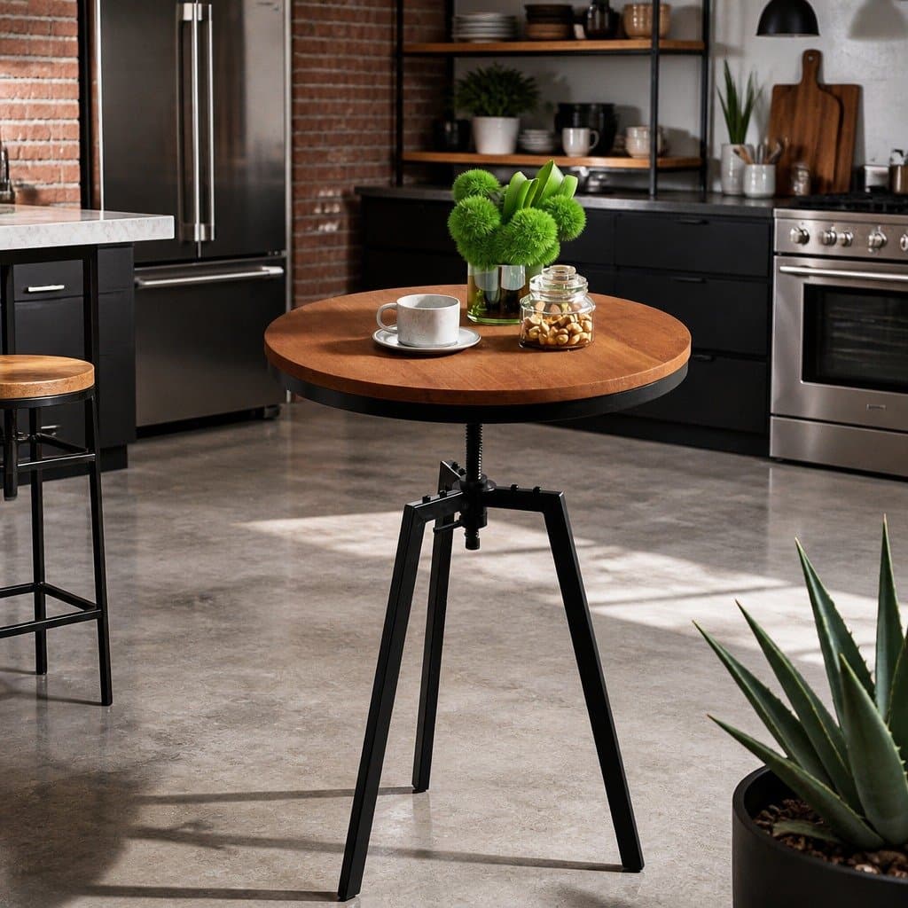 Industrial Round Adjustable Height Dining Table with Steel Frame