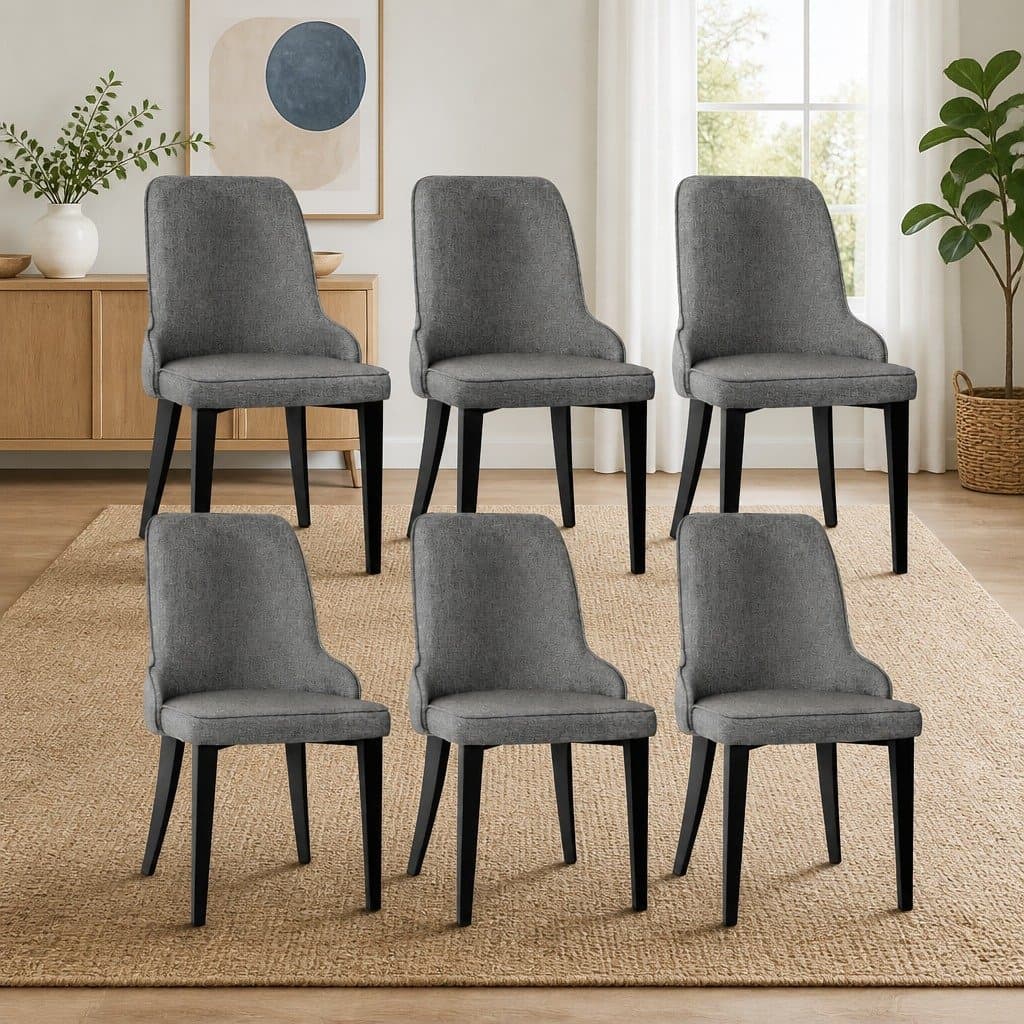 High Back Dining Chairs Set of 6 in Grey Linen Fabric