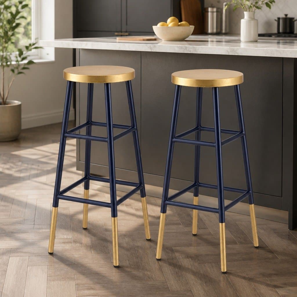 Gold Navy Metal Bar Stools Set of 2 with Round Seat
