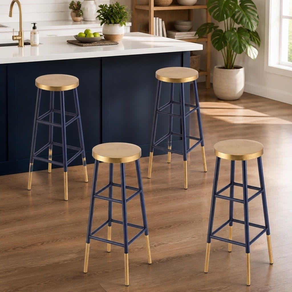 Set of 4 Modern Navy Gold Bar Stools 76cm