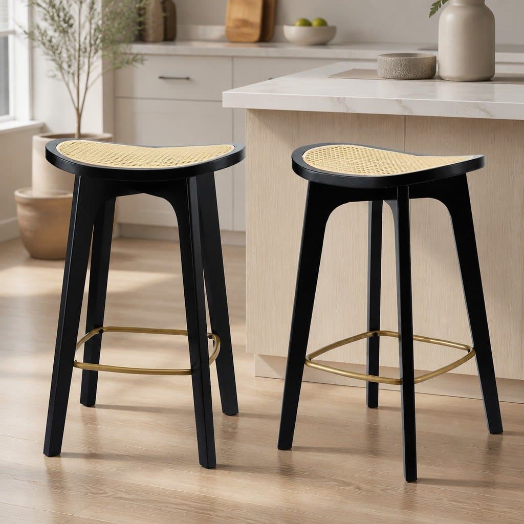 Set of 2 Backless Bar Stools with Rattan Seats