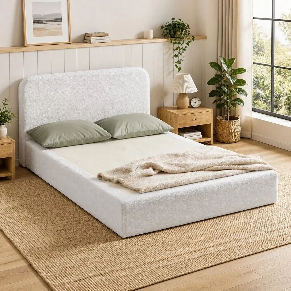 Queen Size Compression Bed Frame with Boucle White Finish