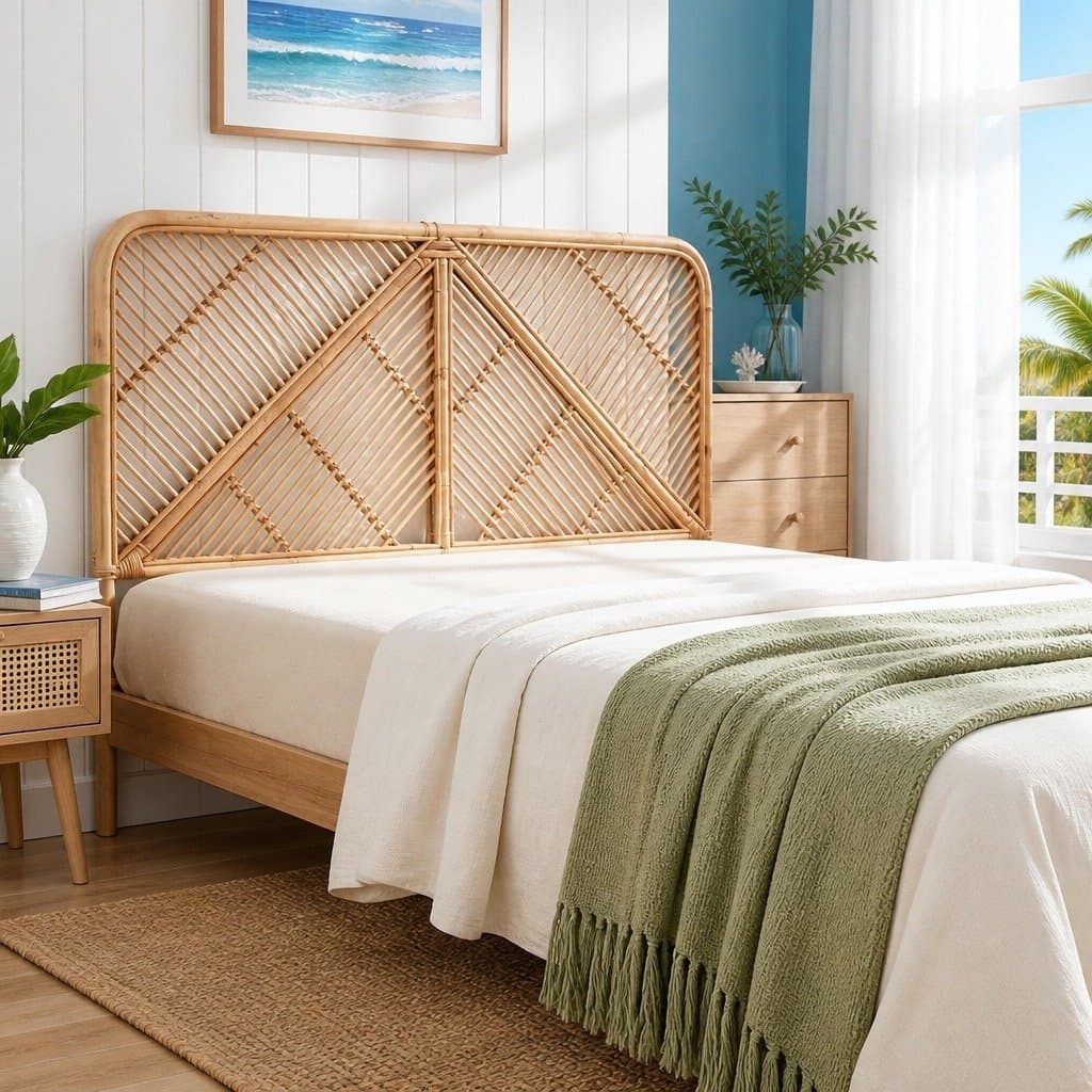 Rattan Queen Bed Headboard with Natural Pine Finish
