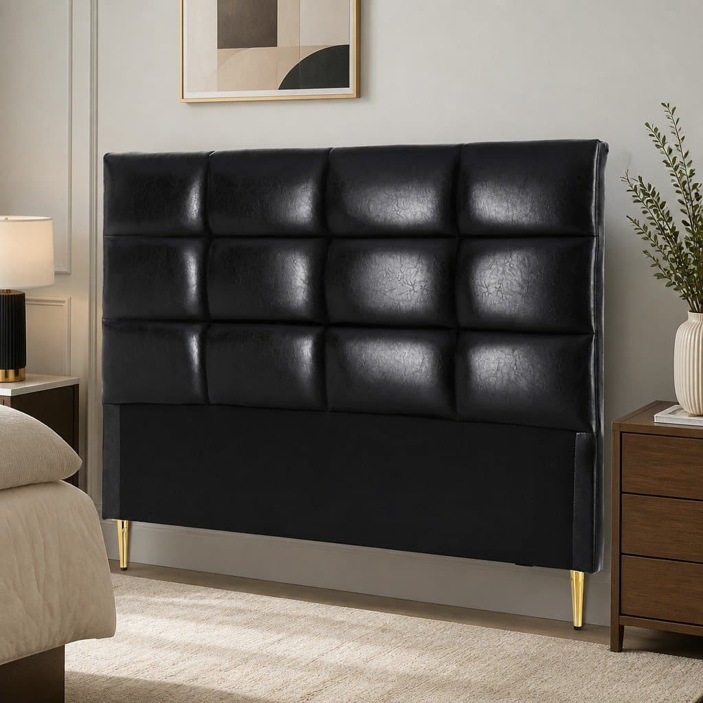 Black Grid Tufted PU Leather Queen Bed Headboard