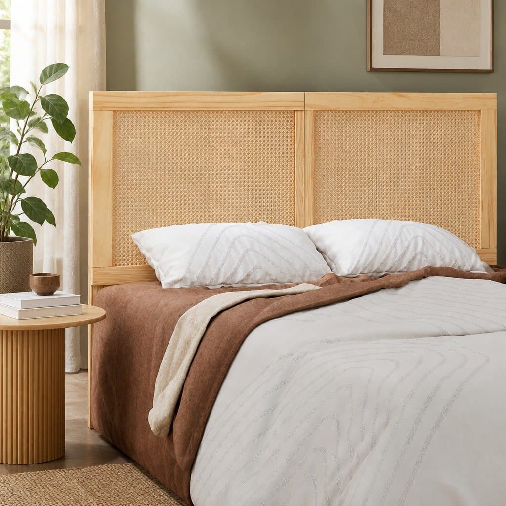 Rustic Boho Double Bed Headboard in Rattan and Pine