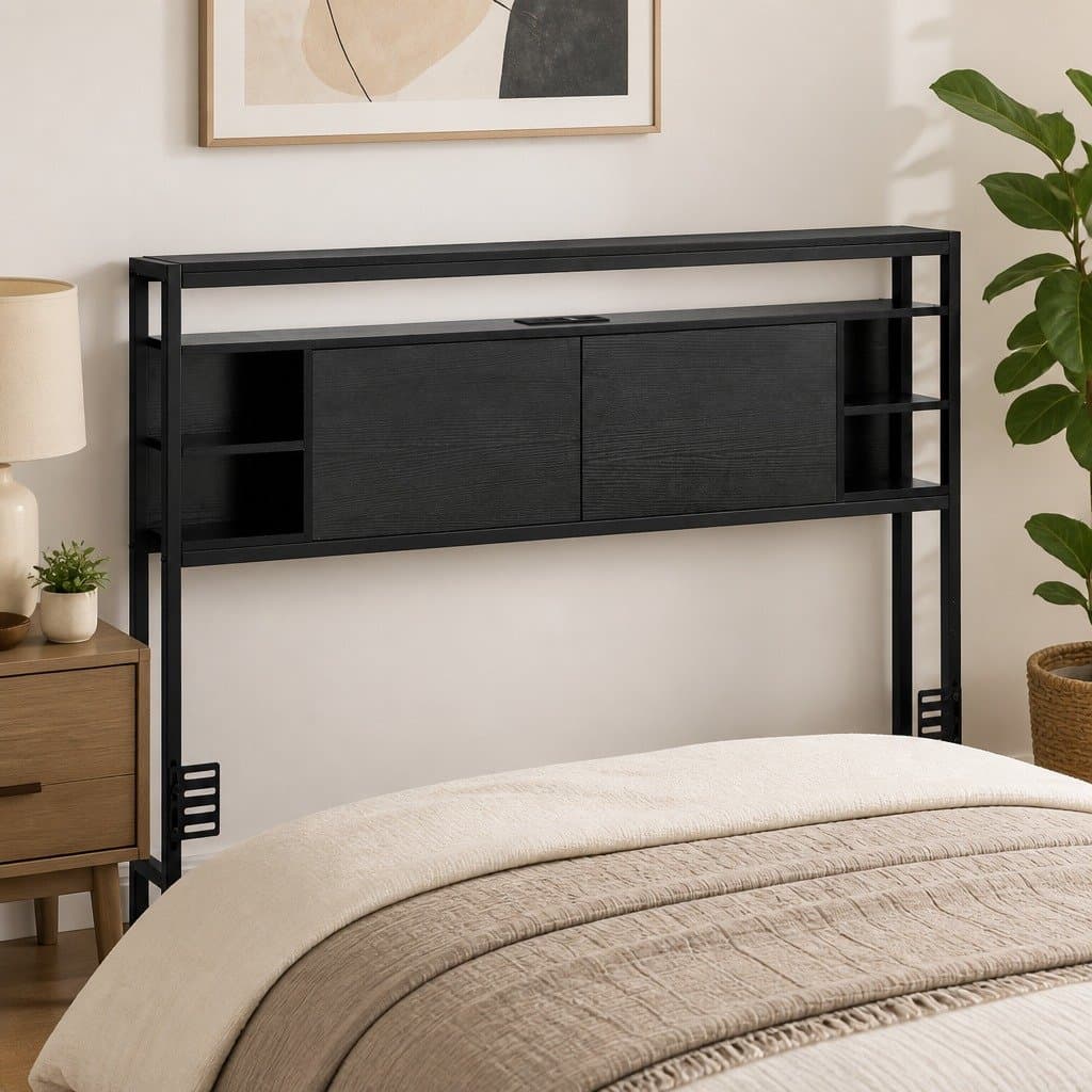 Black Queen Bed Headboard with Storage and Charging Station