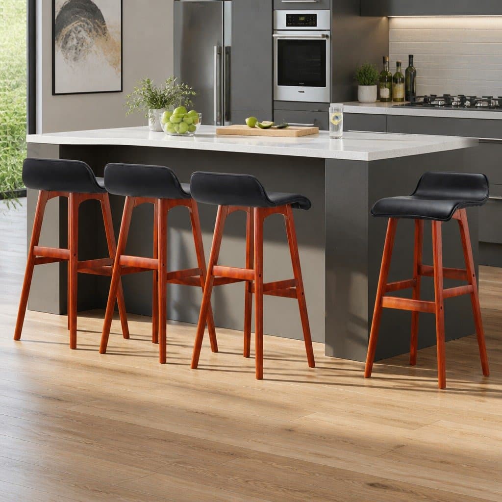 Set of 4 Black Bentwood Bar Stools with Padded Seats