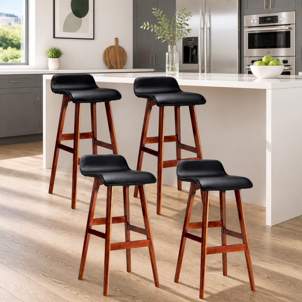 Set of 4 Black Bentwood Bar Stools with Padded Seats