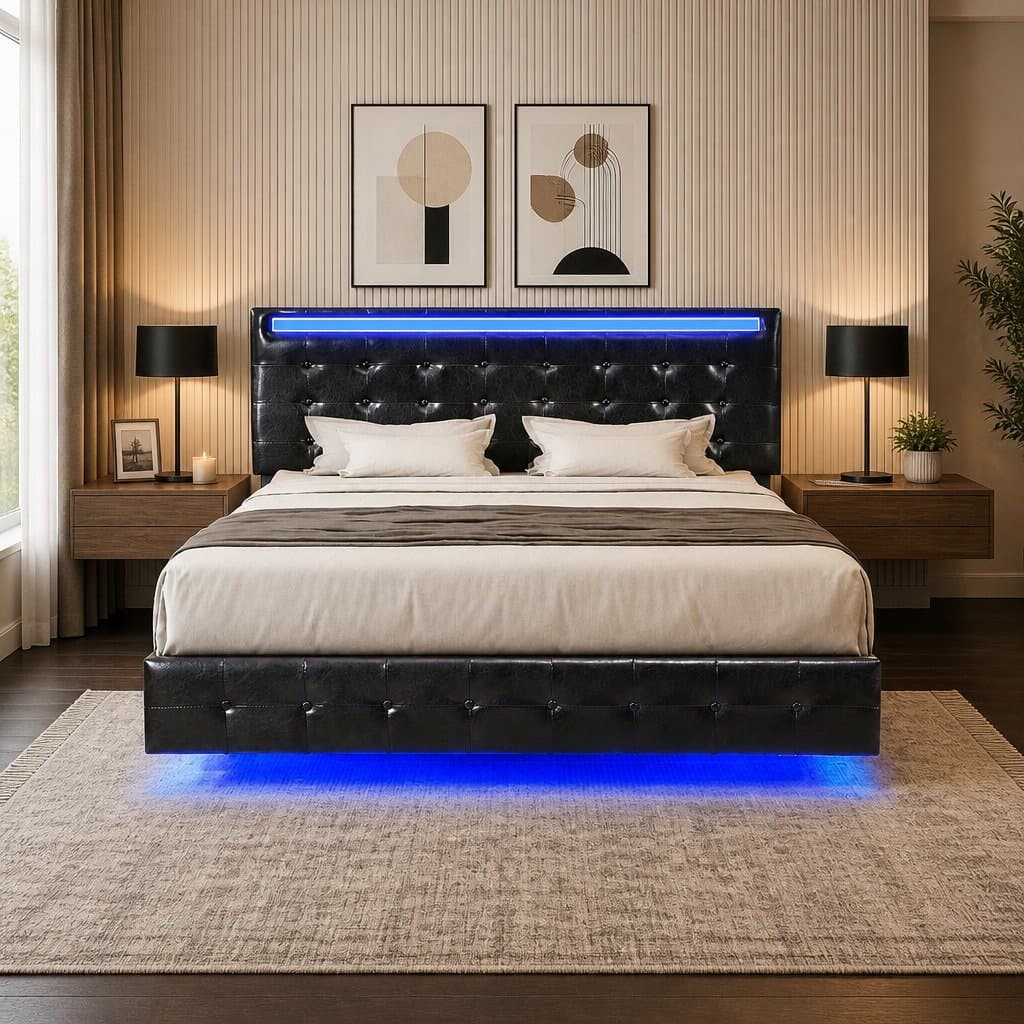Floating Bed Frame Queen with LED Headboard