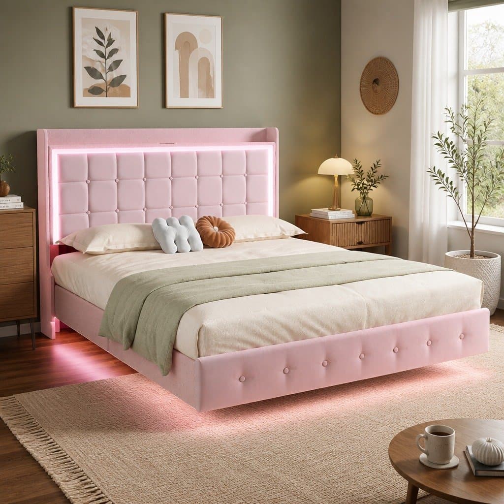 Velvet Queen Floating Bed Frame with LED and USB