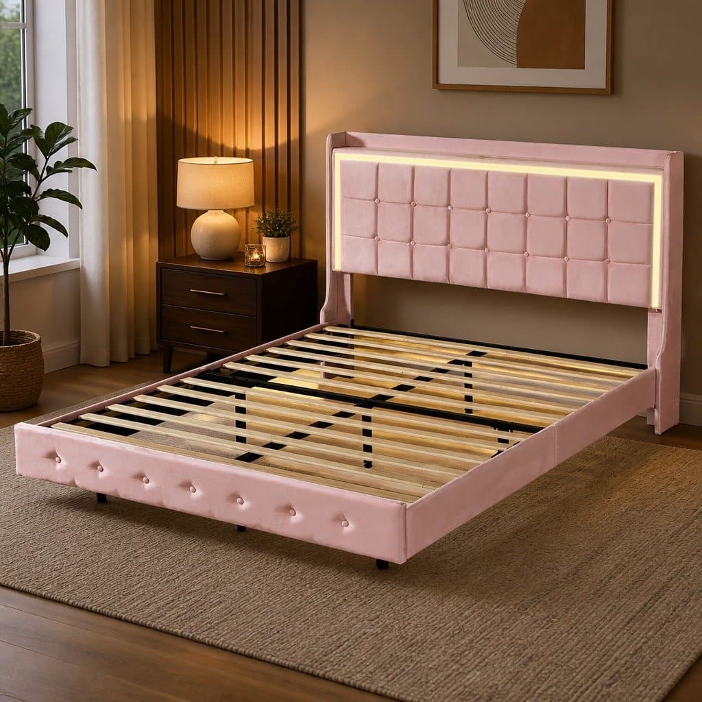 Velvet Queen Floating Bed Frame with LED and USB