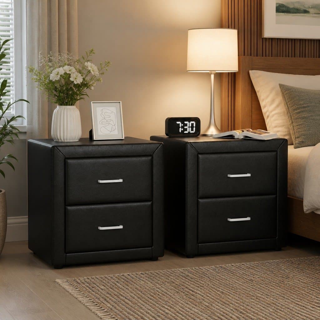 Black PVC Leather Bedside Table with 2 Drawers