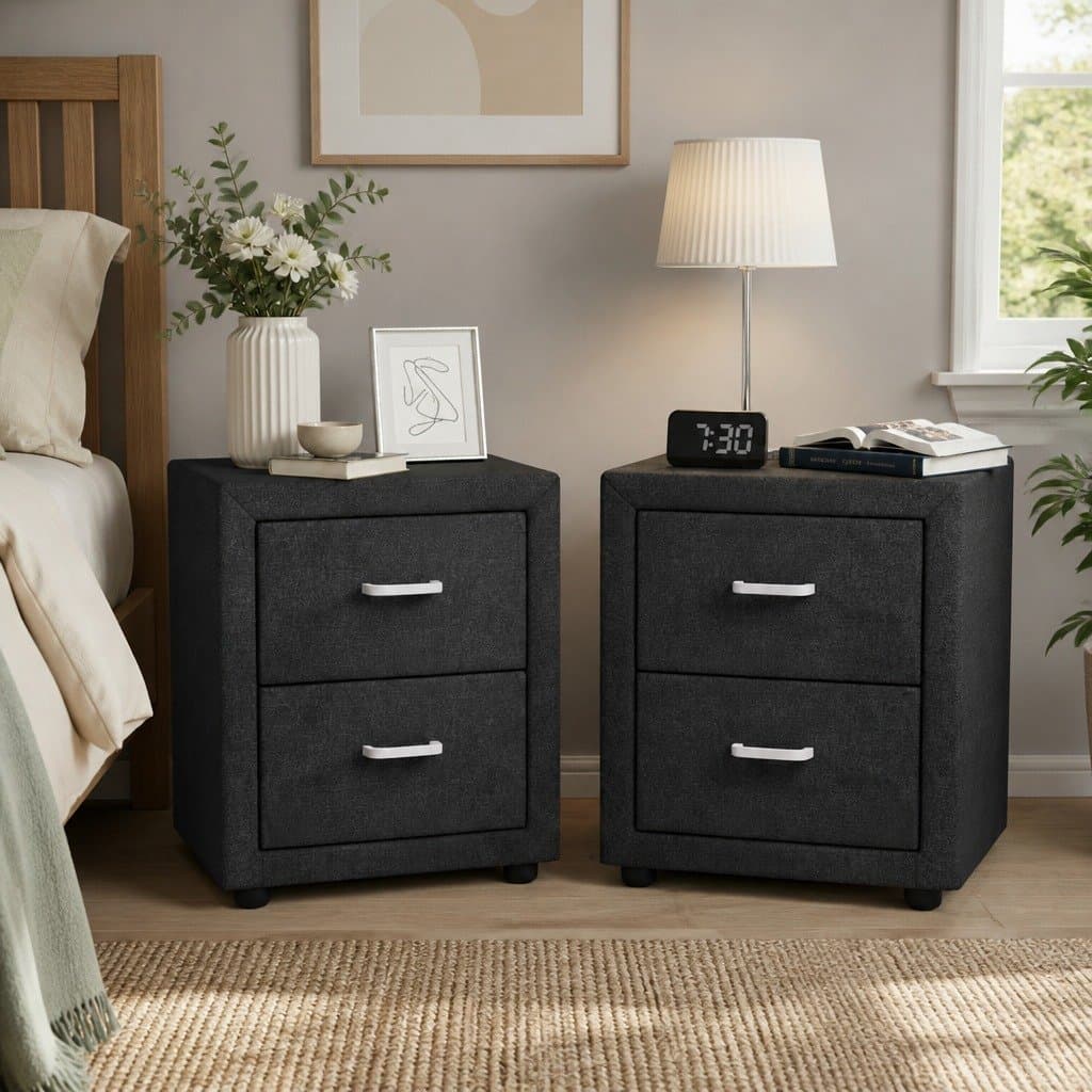Charcoal Faux Linen Bedside Table with 2 Drawers