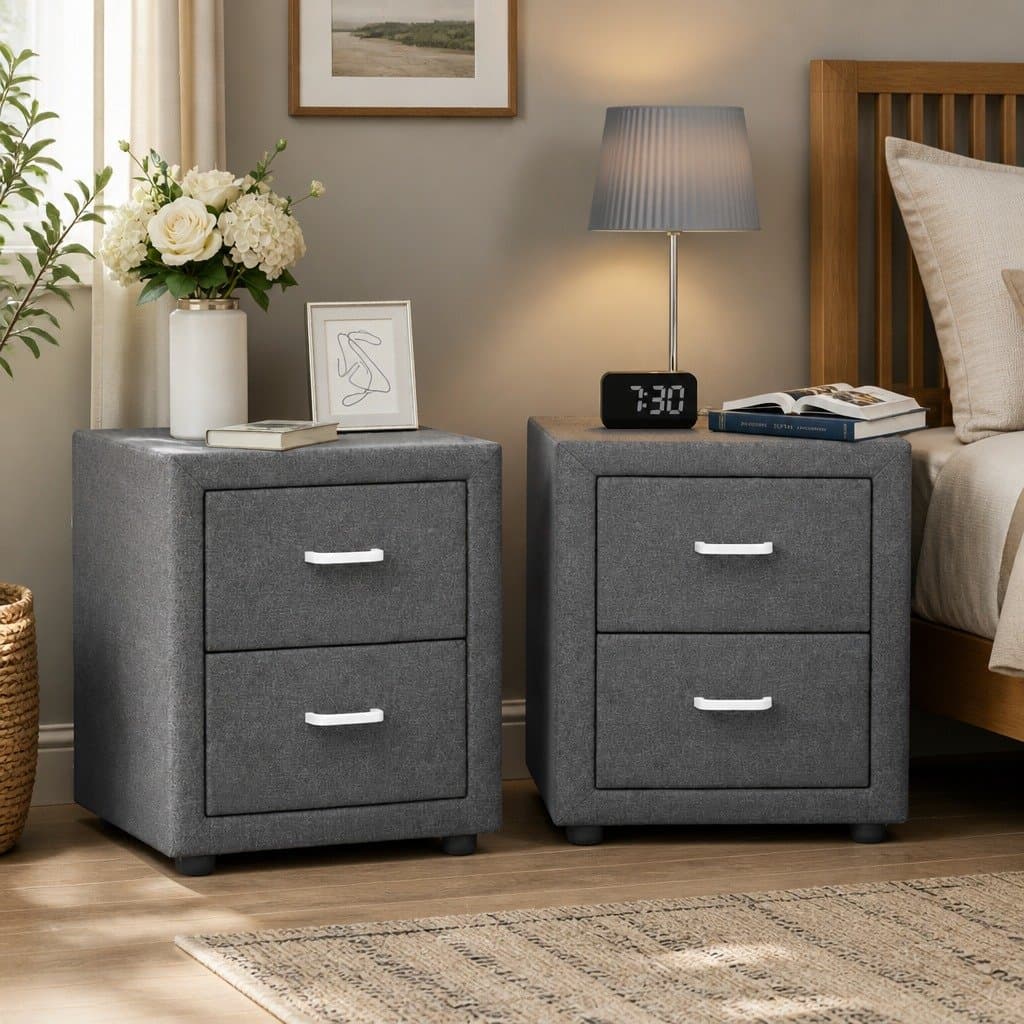 Grey Linen Bedside Table with 2 Drawers